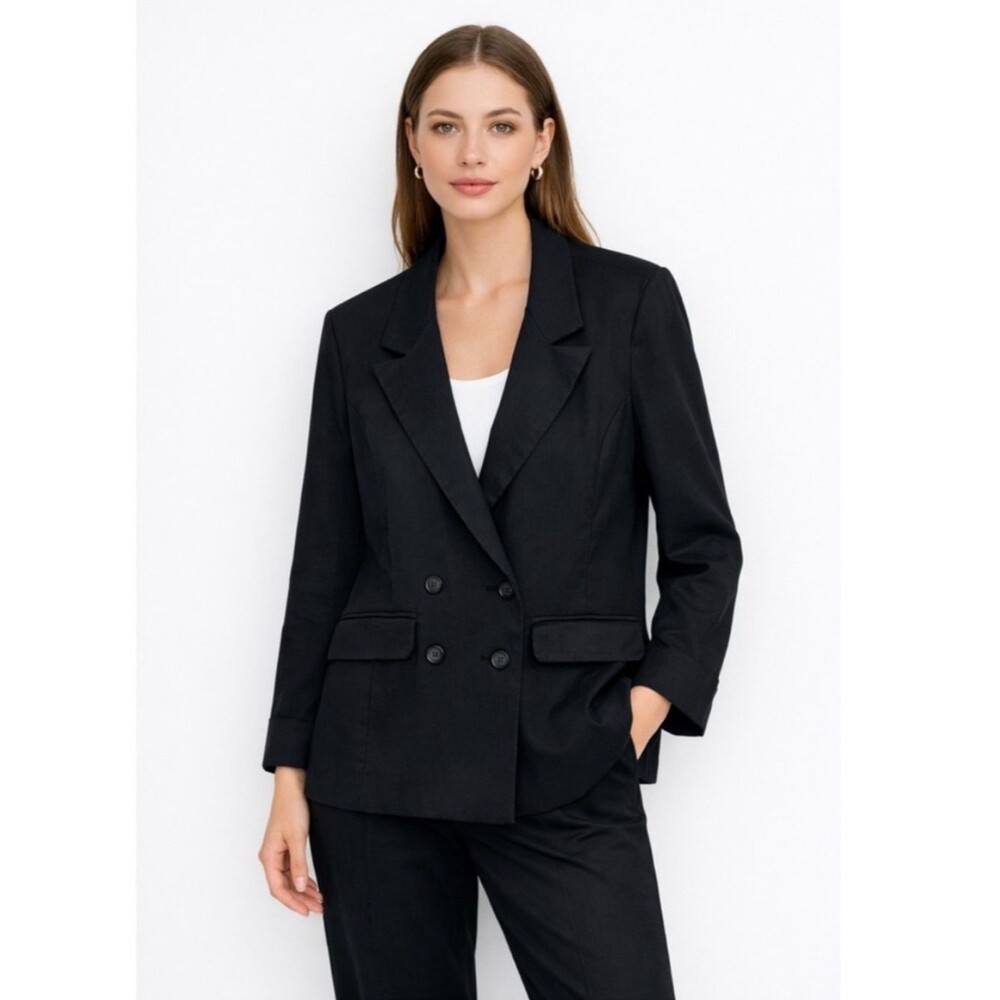 Evereve Alexa Double Breasted Linen Blend Blazer in Bold Black SZ S